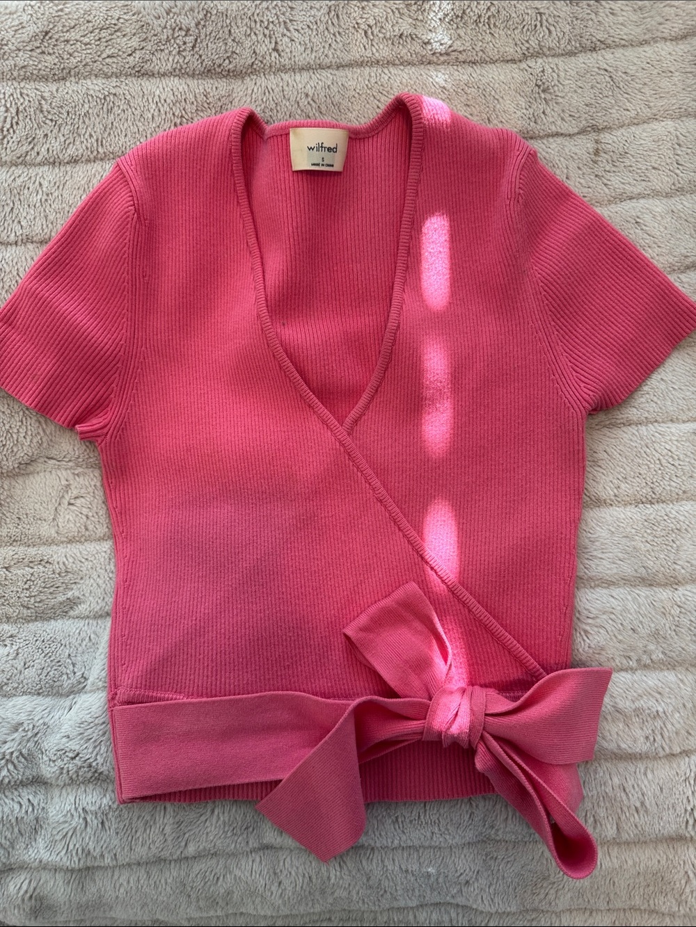 Aritzia Wilfred Pink Wrap Short-Sleeve Knit Top “All Tied Up Sweater”